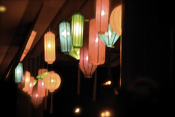 Walking past multi-coloured lanters