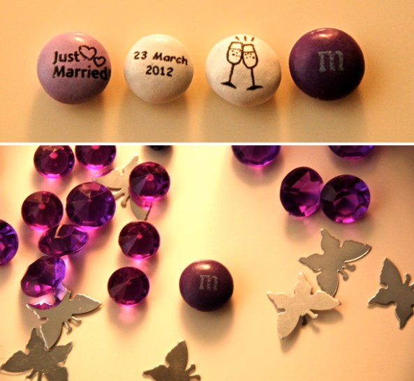 Special wedding messages printed on one side of the M&Ms Special wedding messages printed on one side of the M&Ms