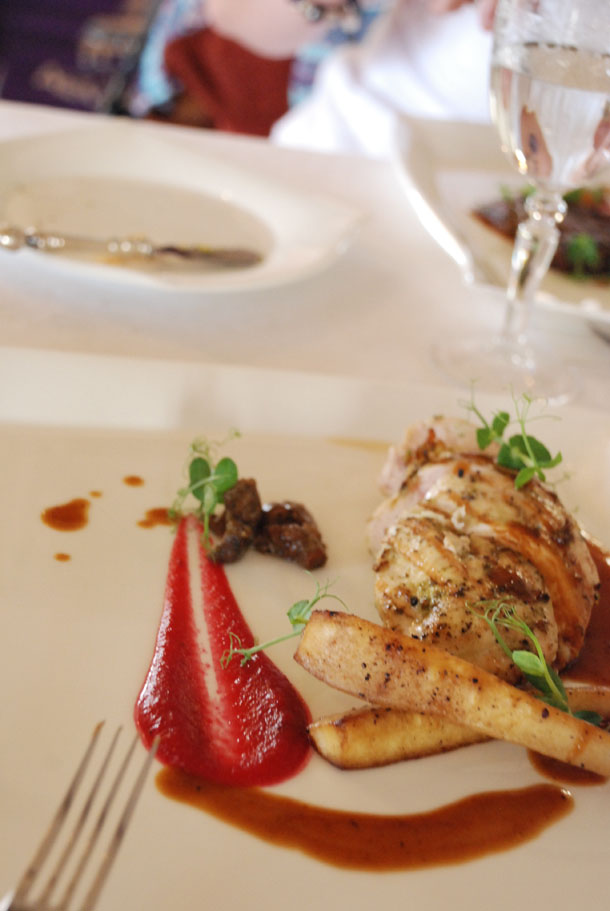 Chicken Fillet with a Beetroot Mousse, sautéed Wild Mushrooms, glazed Parsnips and a Shallot Jus