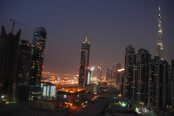 Business Bay district and the Burj Khalifa - at nighttime