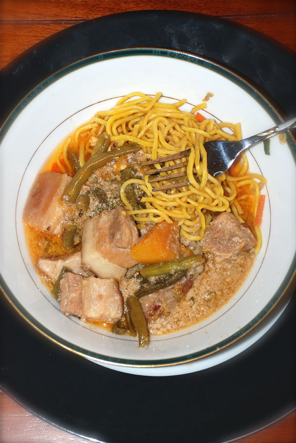 Pancit Canton with spicy Bikol Express