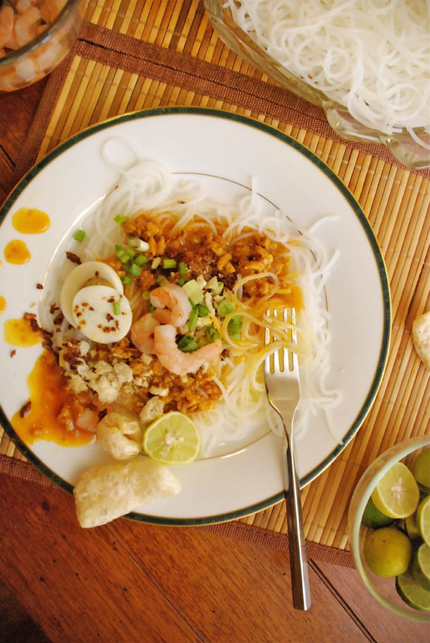 Pancit Palabok with seafood and chicherron Pancit Palabok with seafood and chicherron