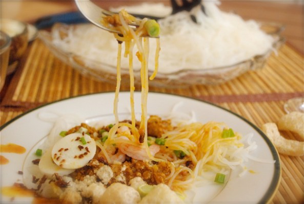 Pancit Palabok with seafood and chicherron Pancit Palabok with seafood and chicherron