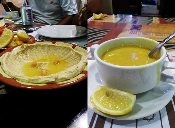 Hommous (left); Lentil soup (right)