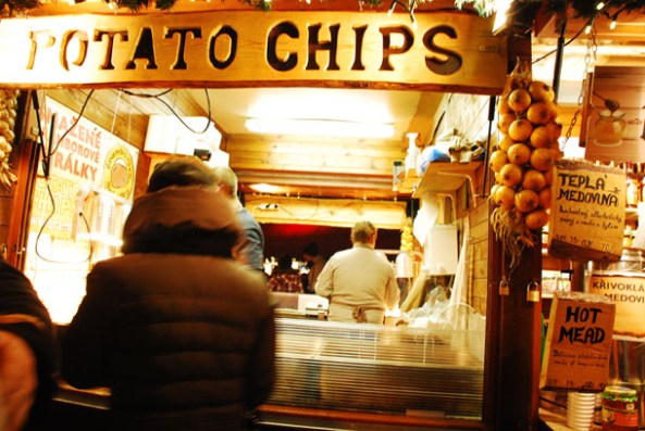 Shops selling Potato Chips in the Christmas market in Prague