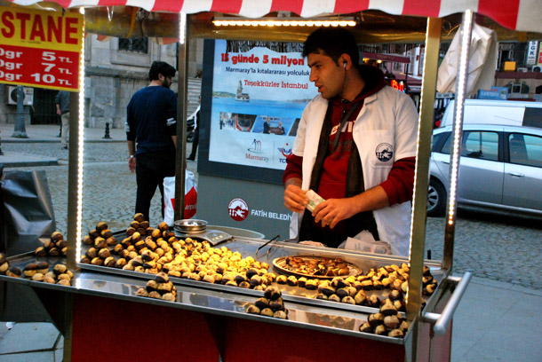 Roasted Chestnuts or Kestane kebab being sold on the street