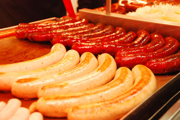 A variety of Czech sausages in a roadside kiosk in Prague