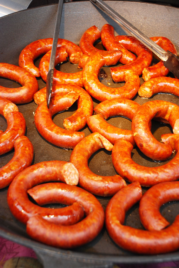 Traditional sausages in Christmas market in Prague