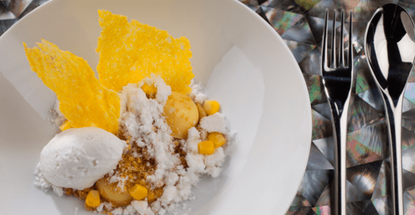 Textures of Corn: Custard, Crumble, Crisp, Coconut Sorbet, Sweet Milk Snow