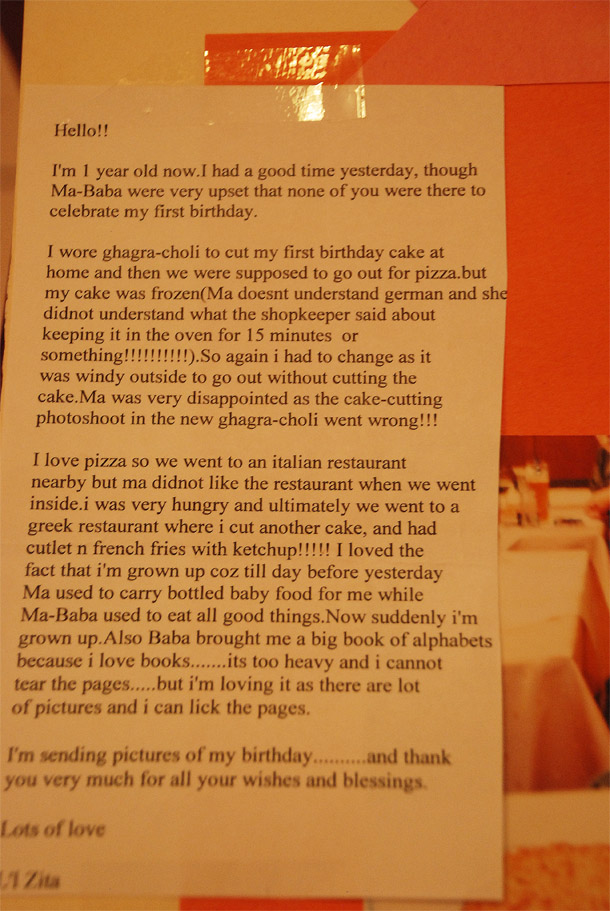 My huge email to all my friends and family, on behalf of Big Z, describing the first birthday.