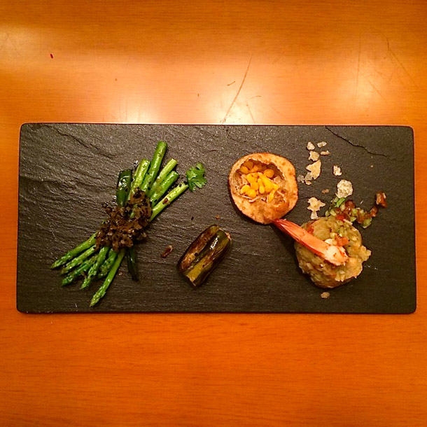 The Gourmet Starters - Shrimp Churmur or Crumbled Panipuri, Kalojeere Asparagus (Asparagus with Black Cumin), Potoler Dorma stuffed Parval); Photo Courtesy: Dima