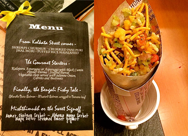 The menu and Jhaal Muri or Puffed Rice Masalafied