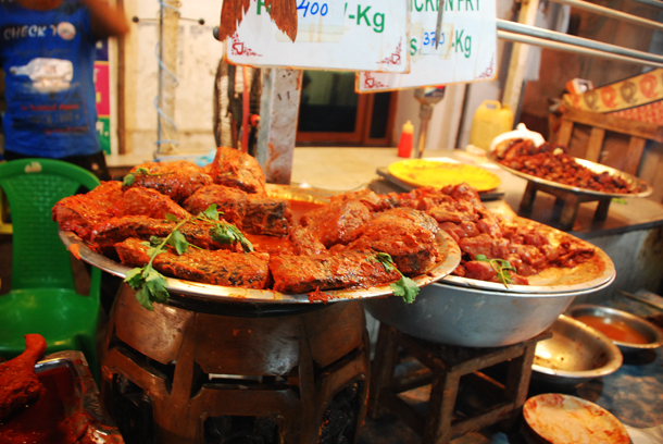 MArinated fish in the Ramadan market in Zakaria Street