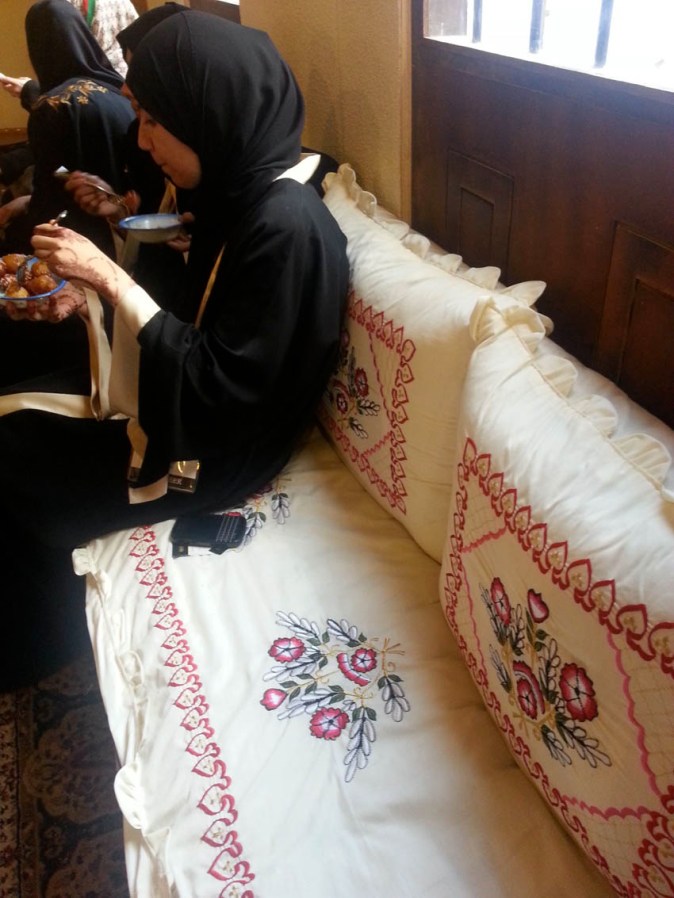 Traditional embroidery adorning the pillows and the cushions inside the Majlis