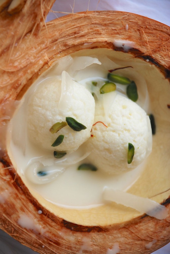 Rasgulla Macapuno - a fusion dessert with popular Bengali sweet Rasgulla and Macapuno, tender coconut meat used in many Filipino desserts