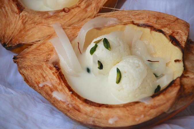 Rasgulla Macapuno - a fusion dessert with popular Bengali sweet Rasgulla and Macapuno, tender coconut meat used in many Filipino desserts
