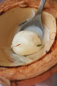 Rasgulla Macapuno - a fusion dessert with popular Bengali sweet Rasgulla and Macapuno, tender coconut meat used in many Filipino desserts