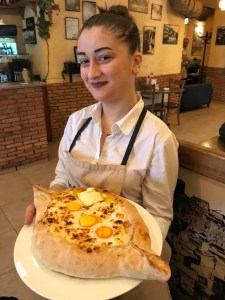Acharuli, the boat shaped Georgian cheese-bread at Samikitno restaurant in Tbilsi
