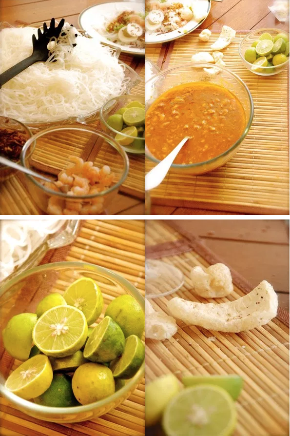 Different steps to make Pancit Palabok with seafood at home