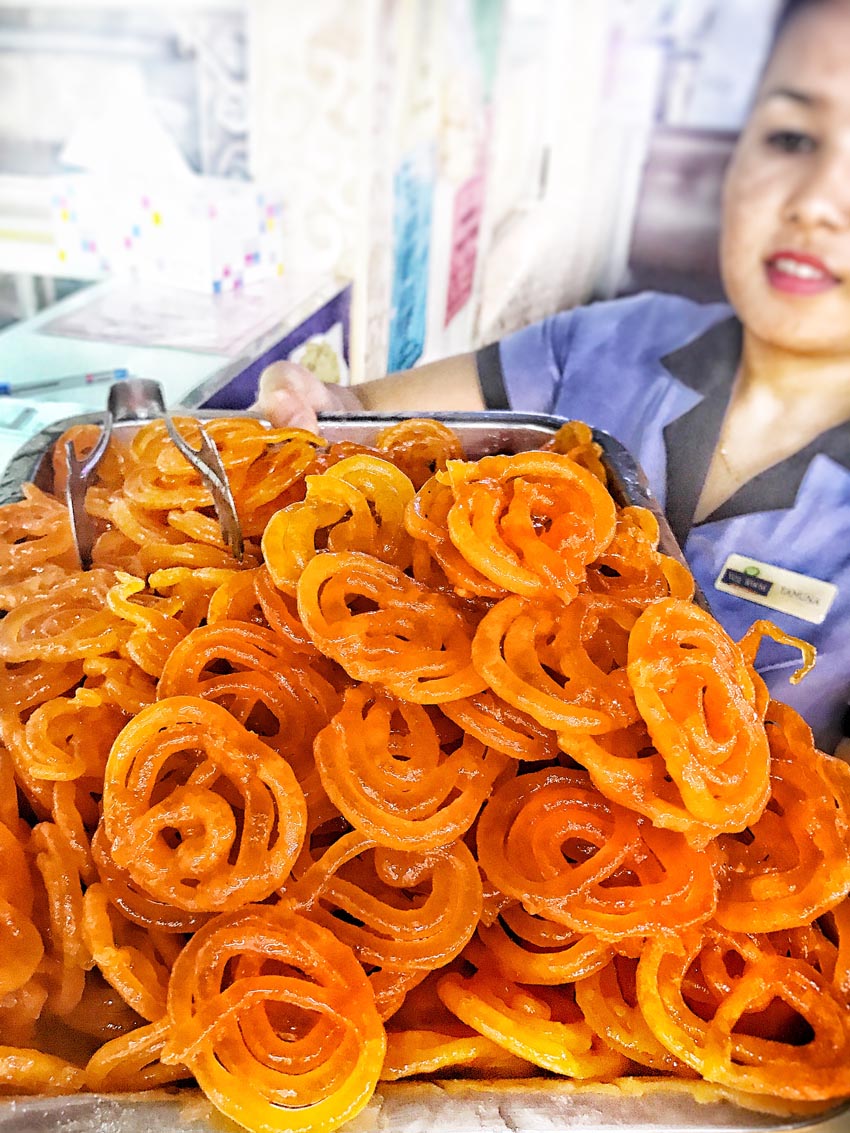 Crispy hot jalebis at Veg World