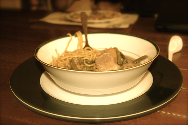 Pancit Canton with spicy Bikol Express